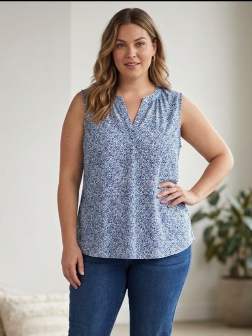 Blue Floral Sleeveless Blouse